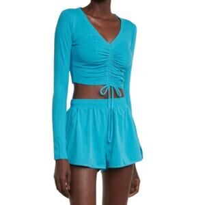 Alo Yoga Blue Ribbed Cinch Ruched Crop Top